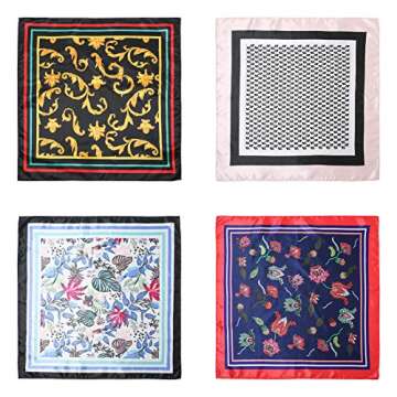Lingso Square Scarfs Set for Women 4 Mixed Floral Pattern, Hair Head Neck Tie Purse Belt Bag Wraps Silk Scarf 21" × 21"