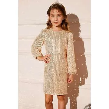 GRACE KARIN Sequin Dresses for Girls Long Sleeve Bodycon Giltter Formal Party Midi Dress,Gold,7-8 Ye...