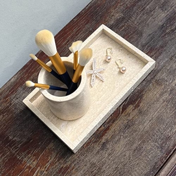 StonePlus Natural Marble Elegant Jewelry Tray Small Stone Organizer for Dressroom/Bathroom/Coffeeshop (Beige Travertine, 9.84Lx5.91Wx1.18H)