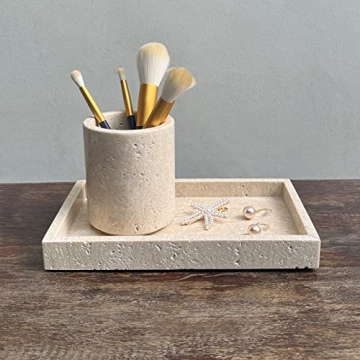 StonePlus Natural Marble Elegant Jewelry Tray Small Stone Organizer for Dressroom/Bathroom/Coffeeshop (Beige Travertine, 9.84Lx5.91Wx1.18H)