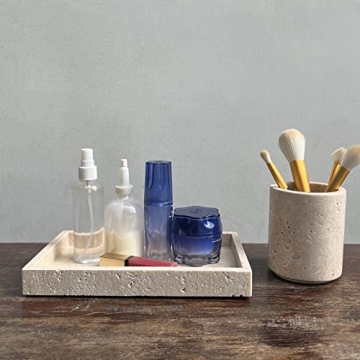 StonePlus Natural Marble Elegant Jewelry Tray Small Stone Organizer for Dressroom/Bathroom/Coffeeshop (Beige Travertine, 9.84Lx5.91Wx1.18H)