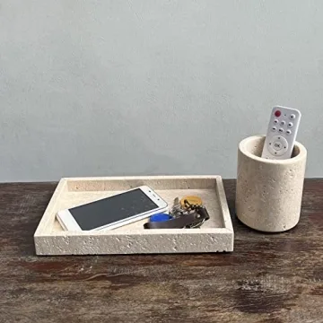 StonePlus Natural Marble Elegant Jewelry Tray Small Stone Organizer for Dressroom/Bathroom/Coffeeshop (Beige Travertine, 9.84Lx5.91Wx1.18H)