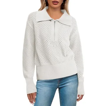 Doshoop Women's Half Zip Pullover Sweaters Crochet Lapel Collar Long Sleeve Knit Solid Color Jumper ...