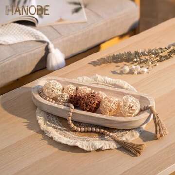 Hanobe Decorative Wooden Dough Bowl: Large Bowls Rustic White Wood Holder Tray Long Centerpiece Deco...