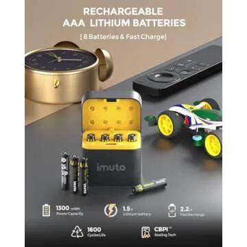 imuto Rechargeable AAA Batteries Lithium 8 Pack with Fast Charger,1300mWh 1.5V Constant Output Triple a Lithium Batteries 1600 Cycles Long Lasting