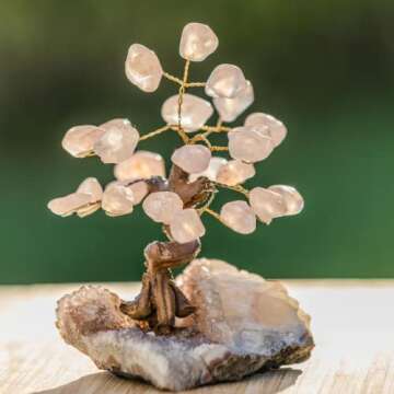 Gemspire Rose Quartz Tree - Natural Rose Quartz Crystal Tree for Positive Energy, Feng Shui & Money- Polished Leaves & Amethyst Rock Cluster Base- Gemstone Tree Decor - Approx. 4.5-5.5 inches Tall