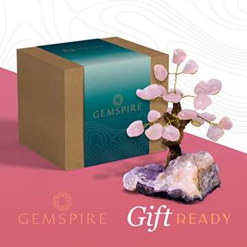 Gemspire Rose Quartz Tree - Natural Rose Quartz Crystal Tree for Positive Energy, Feng Shui & Money- Polished Leaves & Amethyst Rock Cluster Base- Gemstone Tree Decor - Approx. 4.5-5.5 inches Tall