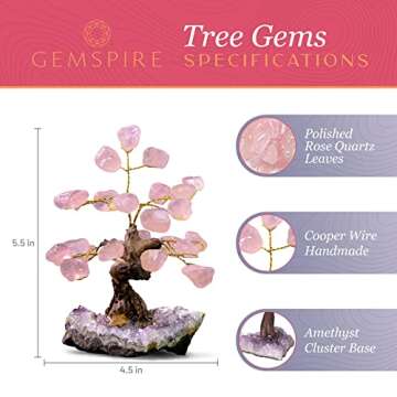 Gemspire Rose Quartz Tree - Natural Rose Quartz Crystal Tree for Positive Energy, Feng Shui & Money- Polished Leaves & Amethyst Rock Cluster Base- Gemstone Tree Decor - Approx. 4.5-5.5 inches Tall