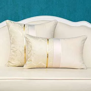 Alerfa 12 x 20 Inch Light Beige White Geometric Striped Gold Leather Patchwork Velvet Cushion Case Luxury Modern Lumbar Throw Pillow Cover Decorative Pillow for Couch Sofa Living Room Bedroom Car