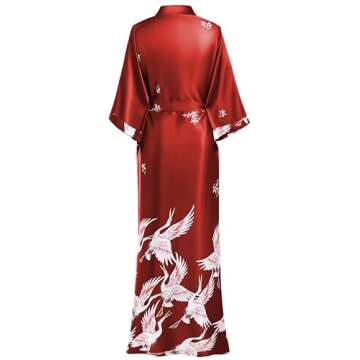 PRODESIGN Long Kimono Robe Satin Sleepwear Blouse Bathrobe Nightgown Silky Crane Kimono Cardigan Rob...