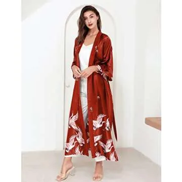 PRODESIGN Long Kimono Robe Satin Sleepwear Blouse Bathrobe Nightgown Silky Crane Kimono Cardigan Robe