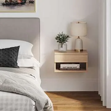 Nathan James Jackson Wall Mounted Floating Nightstand - Light Oak with Storage Drawer and Cubby