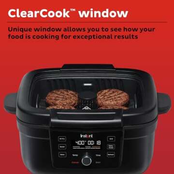 Instant Pot 6-in-1 Air Fryer and Indoor Grill with Bake, Roast Reheat & Dehydrate, From the Makers of Instant Pot, with Odor-Reducing Filter, Clear Cooking Window, and Removable Lid for Easy Cleaning