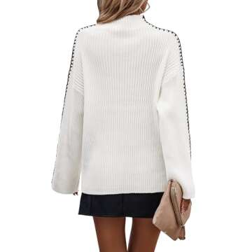 KIRUNDO Women's 2024 Fall Mock Neck Long Sleeve Ribbed Knit Contrast Stitching Oversized Chunky Sweater Pullover Top White