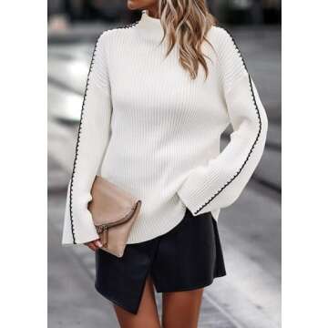 KIRUNDO Women's 2024 Fall Mock Neck Long Sleeve Ribbed Knit Contrast Stitching Oversized Chunky Sweater Pullover Top White
