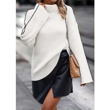 KIRUNDO Women's 2024 Fall Mock Neck Long Sleeve Ribbed Knit Contrast Stitching Oversized Chunky Sweater Pullover Top White