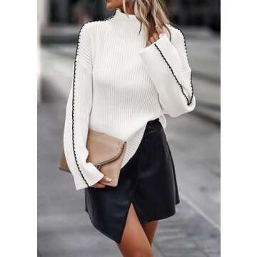 KIRUNDO Women's 2024 Fall Mock Neck Long Sleeve Ribbed Knit Contrast Stitching Oversized Chunky Sweater Pullover Top White