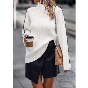 KIRUNDO Women's 2024 Fall Mock Neck Long Sleeve Ribbed Knit Contrast Stitching Oversized Chunky Sweater Pullover Top White