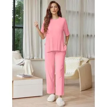 Ekouaer Lounge Sets for Women Short Sleeve Tops and Long Pants Soft Comfy Pajamas Set 2 Piece Outfits,Coral Pink,S