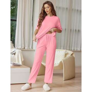 Ekouaer Lounge Sets for Women Short Sleeve Tops and Long Pants Soft Comfy Pajamas Set 2 Piece Outfits,Coral Pink,S