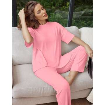 Ekouaer Lounge Sets for Women Short Sleeve Tops and Long Pants Soft Comfy Pajamas Set 2 Piece Outfits,Coral Pink,S