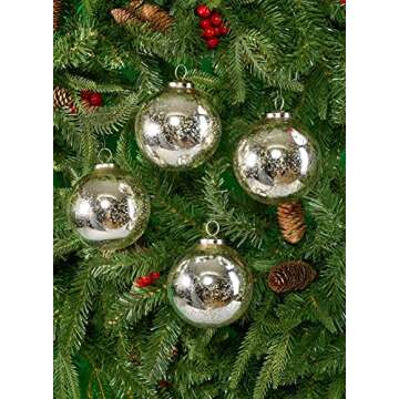 Serene Spaces Living Set of 4 Antique Silver Mercury Glass Balls, Ornaments for Holiday Décor, Meas...