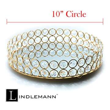 LINDLEMANN Crystal Decorative Tray Metal Mirrored Perfume Cosmetic Organizer Jewelry Trinket Display Storage Vanity Trays Christmas Home Décor Accents Luxury Gift (Round, 10in, Gold)