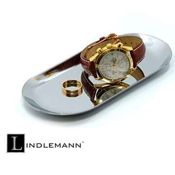 LINDLEMANN Crystal Decorative Tray Metal Mirrored Perfume Cosmetic Organizer Jewelry Trinket Display Storage Vanity Trays Christmas Home Décor Accents Luxury Gift (Round, 10in, Gold)