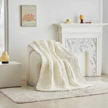 Longhui bedding Handmade Chunky Knit Blankets, Luxurious Chenille Cable Knit Throw Blanket Yarn for Couch Sofa and Bed, Ultra Soft Decorative Cream Christmas Blanket, Machine Washable 51 x 63