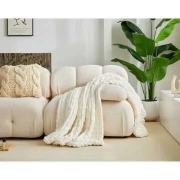 Longhui bedding Handmade Chunky Knit Blankets, Luxurious Chenille Cable Knit Throw Blanket Yarn for Couch Sofa and Bed, Ultra Soft Decorative Cream Christmas Blanket, Machine Washable 51 x 63
