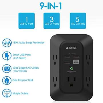2 Pack Addtam USB Wall Charger Surge Protector, 5 Outlet Extender with 4 USB Charging Ports (1 USB C...
