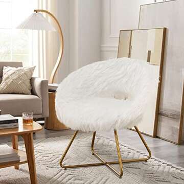Awonde Round White Faux Fur Accent Chair, Modern Upholstered Swivel Accent Chair for Bedroom Living Room Side Chairs Cute Vanity Chair with Gold Metal Legs