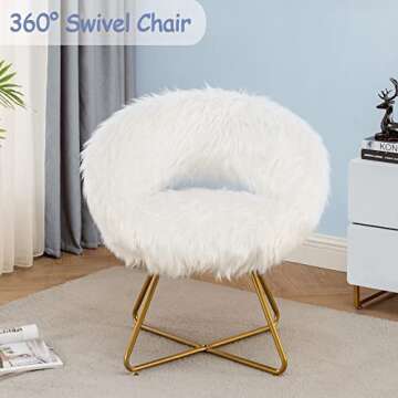 Awonde Round White Faux Fur Accent Chair, Modern Upholstered Swivel Accent Chair for Bedroom Living Room Side Chairs Cute Vanity Chair with Gold Metal Legs