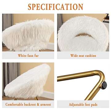 Awonde Round White Faux Fur Accent Chair, Modern Upholstered Swivel Accent Chair for Bedroom Living Room Side Chairs Cute Vanity Chair with Gold Metal Legs