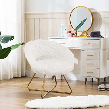 Awonde Round White Faux Fur Accent Chair, Modern Upholstered Swivel Accent Chair for Bedroom Living Room Side Chairs Cute Vanity Chair with Gold Metal Legs