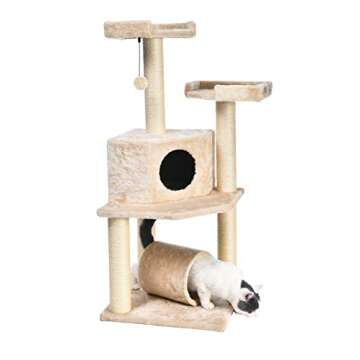 Amazon Basics Cat Tree Tower with Tunnel And Scratching Post - 19"L x 19"W x 43"H, Beige