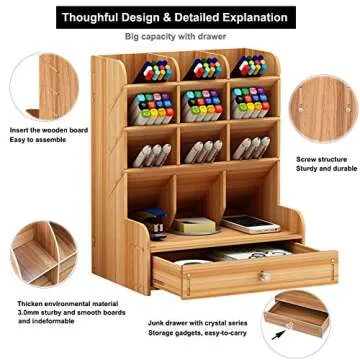 Marbrasse Wooden Desk Organizer, Multi-Functional DIY Pen Holder, Organizer for desk, Desktop Stationary, Easy Assembly, Home Office Art Supplies Storage with Drawer (B11-Cherry Color)