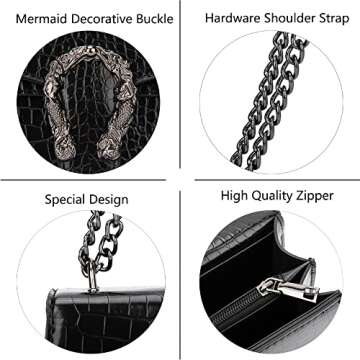 DEEPMEOW Crossbody Shoulder Chain Purse for Women - Crocodile Grain PU Leather Evening Bag Satchel Handbag（Black）