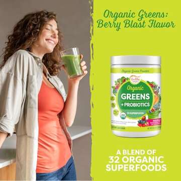 Healthy Delights Organic Greens Powder, Greens Powder with Fiber, Organic Greens Powder Superfood, Naturally Boost Energy, USDA Organic, Delicious Berry Flavored, 30 Servings (Packaging May Vary)