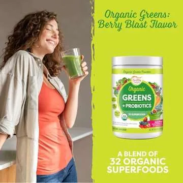 Healthy Delights Organic Greens Powder, Greens Powder with Fiber, Organic Greens Powder Superfood, Naturally Boost Energy, USDA Organic, Delicious Berry Flavored, 30 Servings (Packaging May Vary)