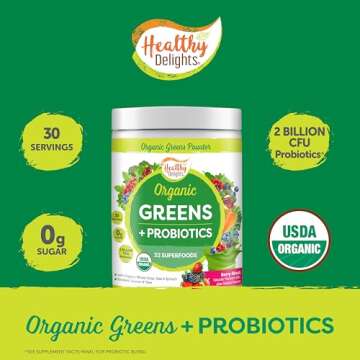 Healthy Delights Organic Greens Powder, Greens Powder with Fiber, Organic Greens Powder Superfood, Naturally Boost Energy, USDA Organic, Delicious Berry Flavored, 30 Servings (Packaging May Vary)