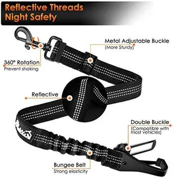 SlowTon Dog Seat Belt, Adjustable Dog Safety Belt Leash, 2 in 1 Latch Bar Attachment Dog Car Seatbelt with Elastic Nylon Bungee Buffer, Reflective Nylon Belt Tether Connect to Dog Harness (Black)