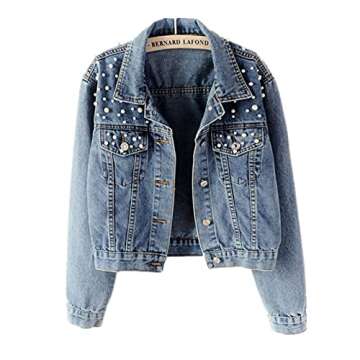 Ankecity Oversize Pearl Embroidered Women's Ripped Distressed Casual Long Sleeve Denim Jacket Coat