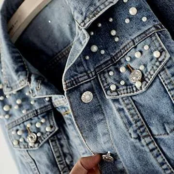 Ankecity Oversize Pearl Embroidered Women's Ripped Distressed Casual Long Sleeve Denim Jacket Coat