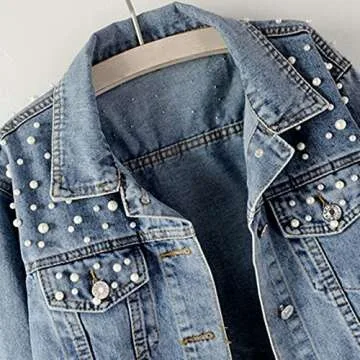 Ankecity Oversize Pearl Embroidered Women's Ripped Distressed Casual Long Sleeve Denim Jacket Coat