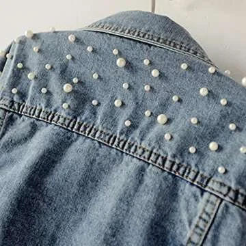 Ankecity Oversize Pearl Embroidered Women's Ripped Distressed Casual Long Sleeve Denim Jacket Coat