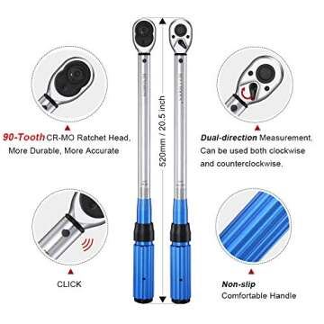 BULLTOOLS 1/2-inch Drive Click Torque Wrench Set Dual-Direction Adjustable 90-tooth Torque Wrench wi...