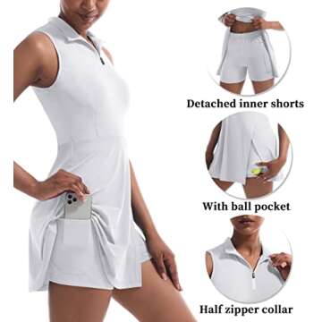 CUGOAO Womens Tennis Dress Golf Dress Workout Dress with Shorts and Pockets for Sleeveless Athletic Tennis Dresses White