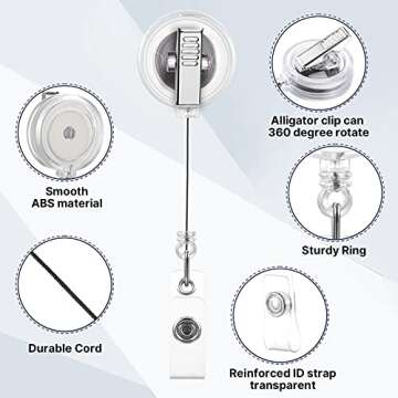 Fulmoon 50 Pcs Badge Reels Retractable with Swivel Alligator Clip, Round ID Badge Holders Nursing Name Badge Reels and and Vinyl Card Strap for Nurses Volunteer Students Teachers (Translucent Clear)
