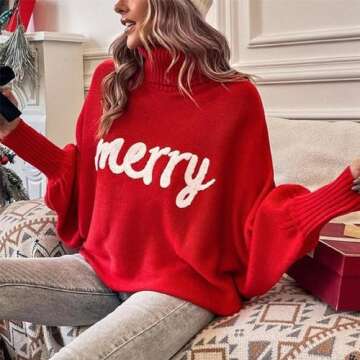 iTranyee Women Ugly Christmas Oversized Turtleneck Pullover Sweater Cute Merry Print Batwing Sleeve ...